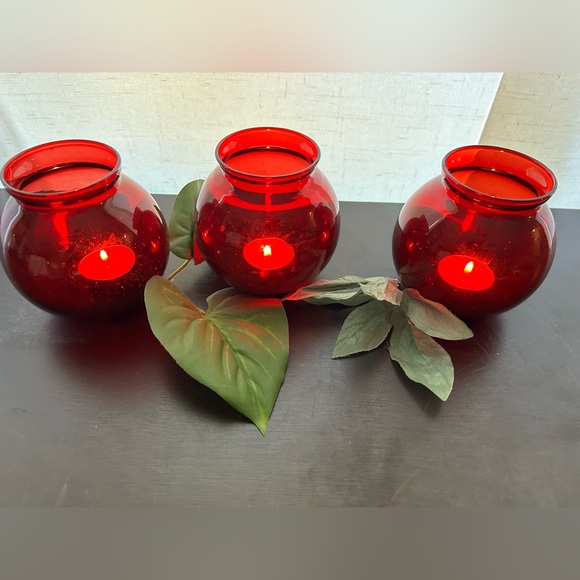 Three (3) ruby red votive/vases. 4.25”H - Picture 4 of 8